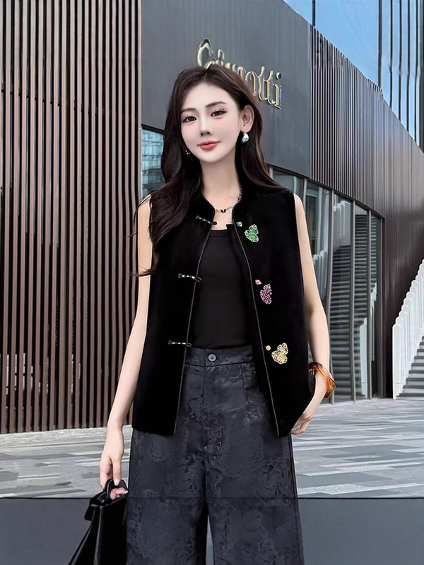 2025新中式重工立体彩色葫芦手工钉珠真丝丝绒立领宽松气质马甲|undefined