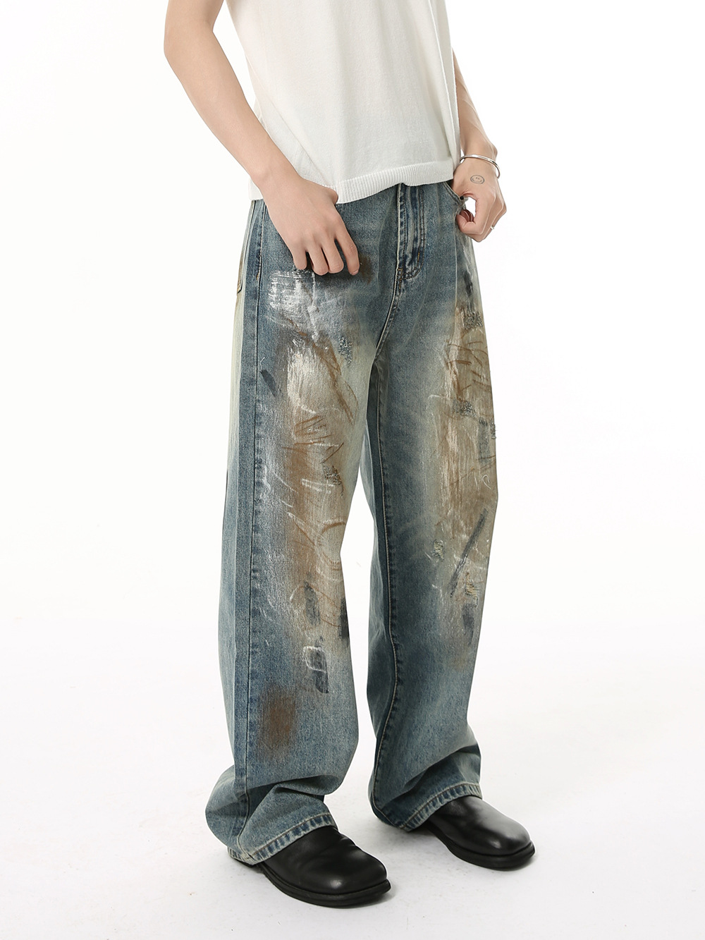 MTLCLOTHES Ropa de hombre | Personalidad de nicho, industria pesada callejera, viejo, teñido sucio, graffiti, jeans lavados, moda casual