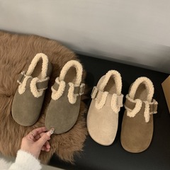 復古真皮勃肯鞋毛毛鞋百搭樂福鞋秋冬外穿加絨棉鞋軟底單鞋女鞋子