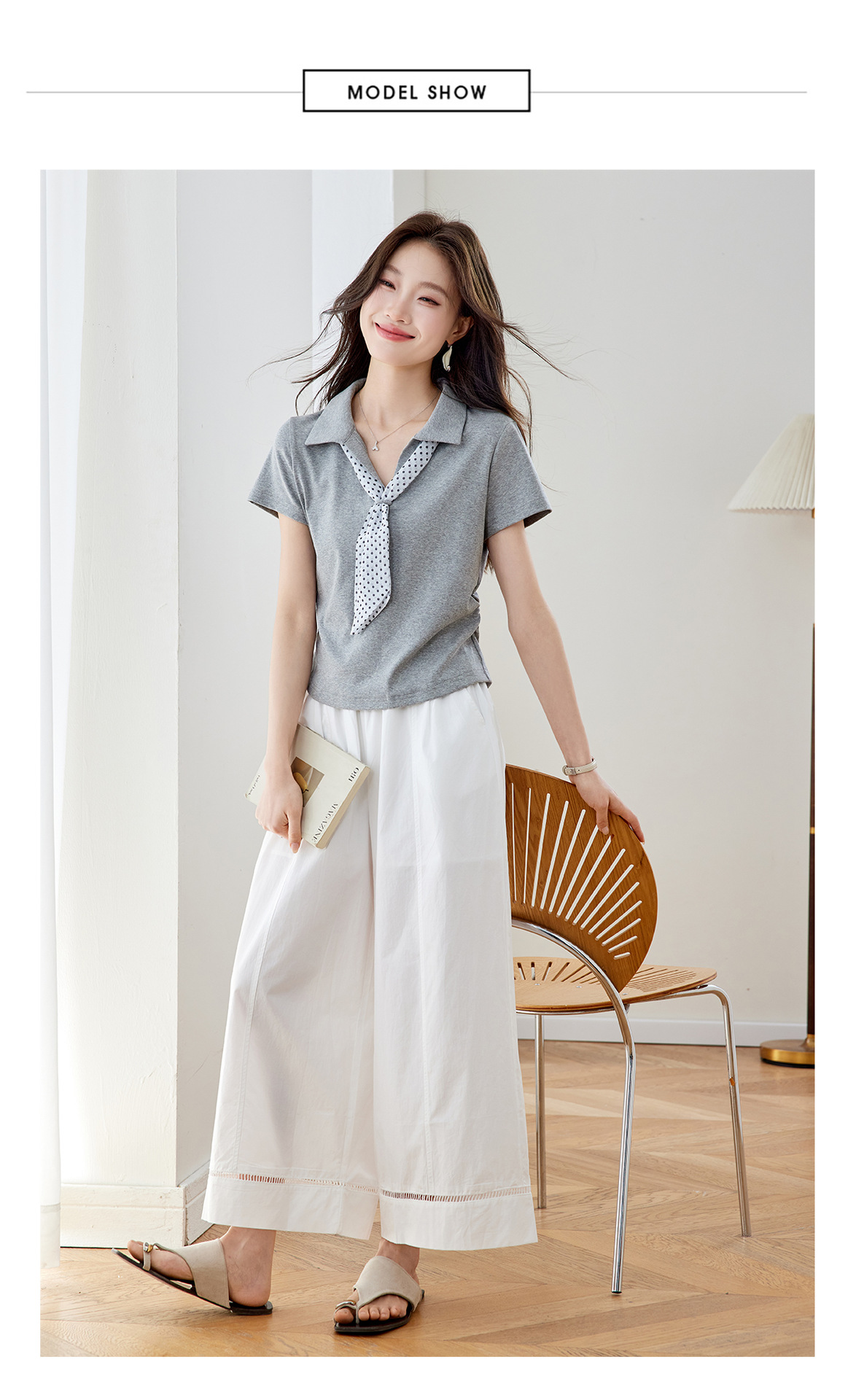 Bộ quần áo nữ gồm áo thun cổ tròn phối khăn lụa và quần ống suông rộng — Xám + quần trắng chi tiết 9