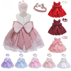 Cross-border Amazon Foreign Trade Infant and Child Dress Lace Colorblock Baby Year-old Dress Bow Clothing Manufacturer