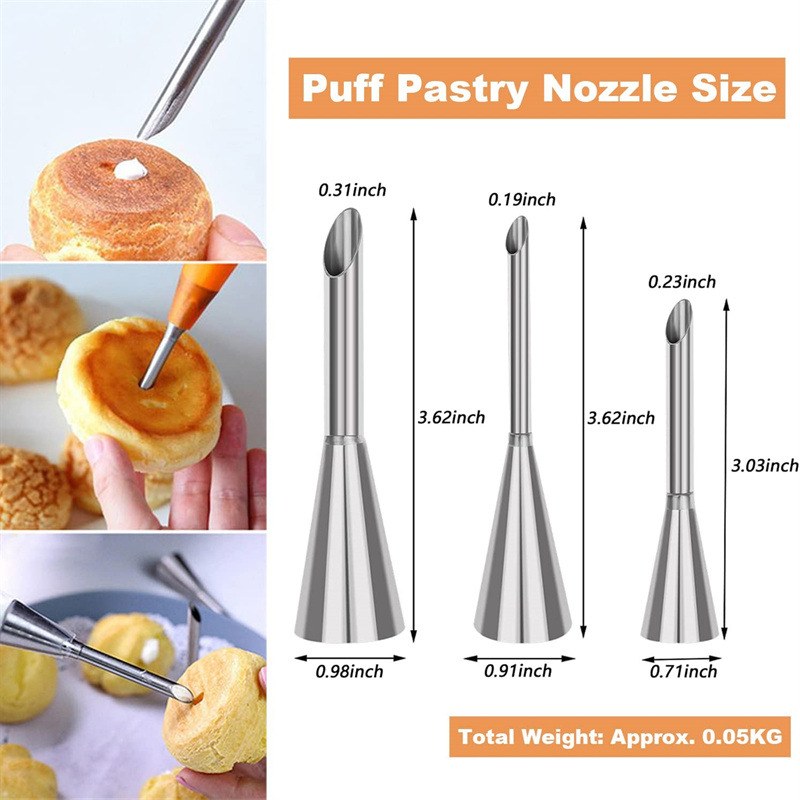 304 stainless steel puff nozzle 3-piece set of large, medium and small puff decorating nozzles, cake cream nozzle baking tools