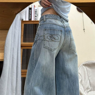 美式复古刺绣直筒阔腿牛仔裤女2026春季新款高腰显瘦休闲拖地裤子