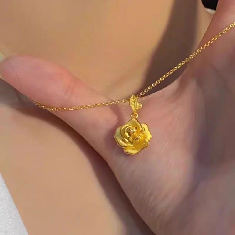 Gold Store Same Style Sand Gold New Romantic Rose Blossom Pendant Women's Necklace Versatile New Chinese Style Gold Color Trendy