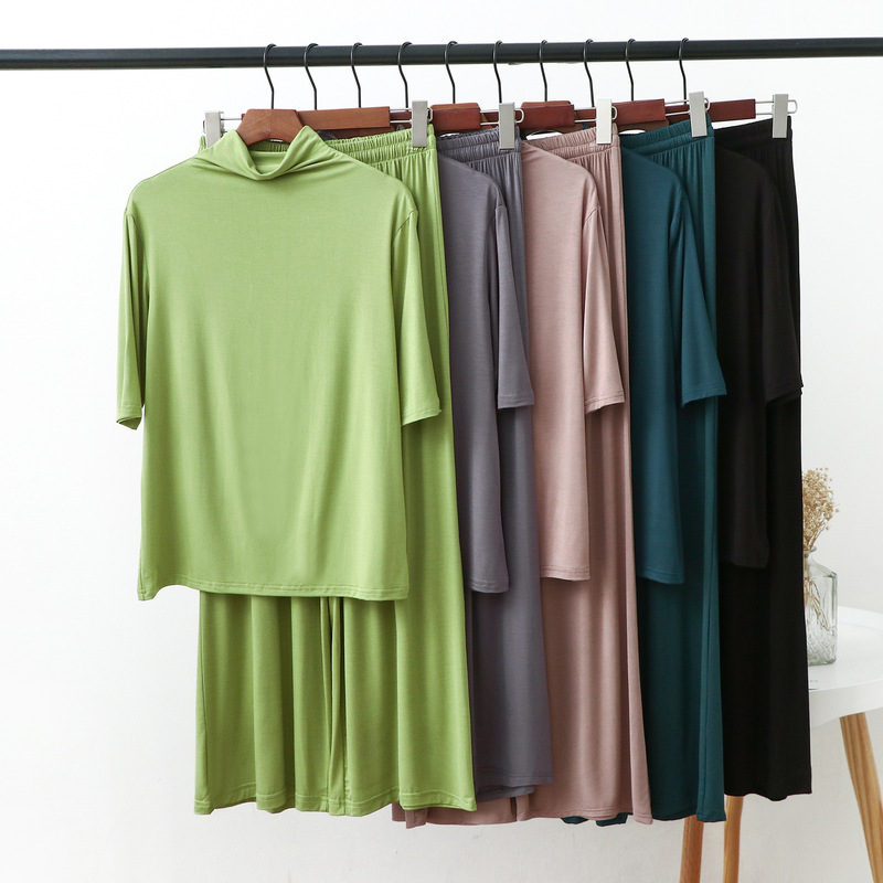 Spring and Summer New Bit Cotton Loose Simple Solid Color Two-piece Set Half High Collar Mid-sleeve Bottoming Shirt Wide Leg Pants Set