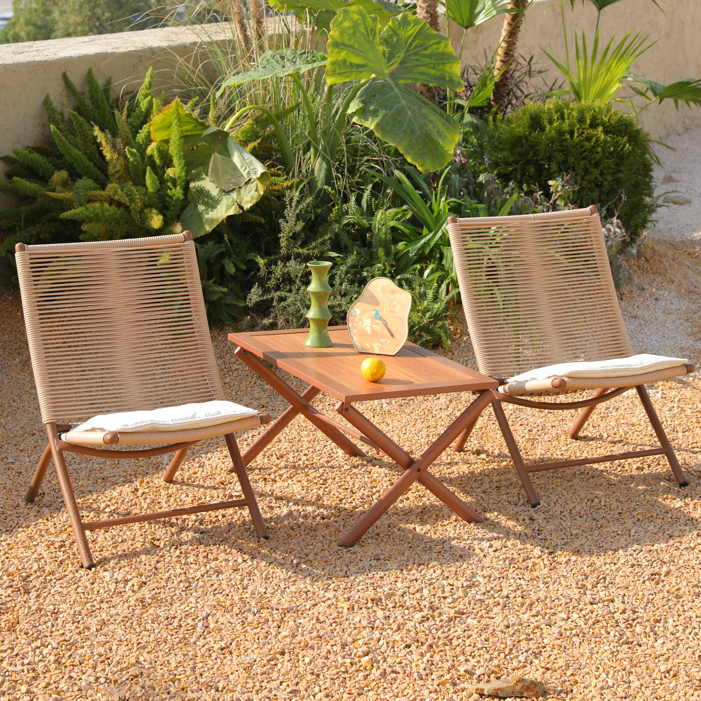 Balcony Leisure Chair, Small Apartment Folding Lounge Chair, New Chinese-Style Home Rattan Chair, Tea Table, Courtyard Garden Outdoor Table and Chairs