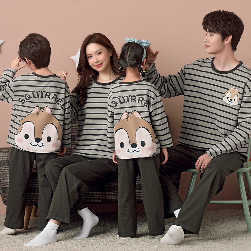 2024春秋新款卡通亲子装睡衣母女父子条纹松鼠长袖一家三口家居服
