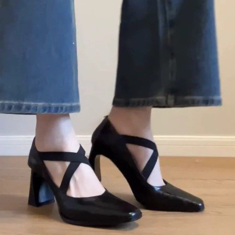 Потрясающие черные женские туфли Мэри Джейн на высоком каблуке во французском стиле, элегантные одиночные туфли на массивном каблуке с квадратным носком и перекрестными ремешками в стиле ретро.