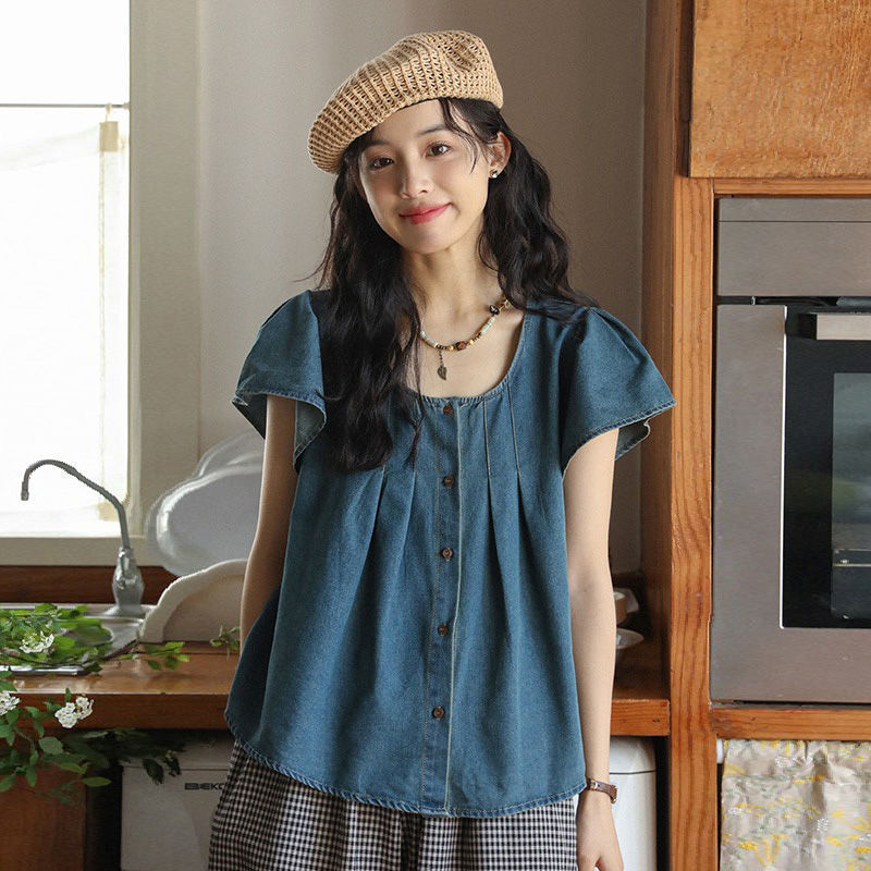 Women's Summer 2026 New Style Loose Denim Shirt with Small Flying Sleeves, Stylish and Elegant Design Top