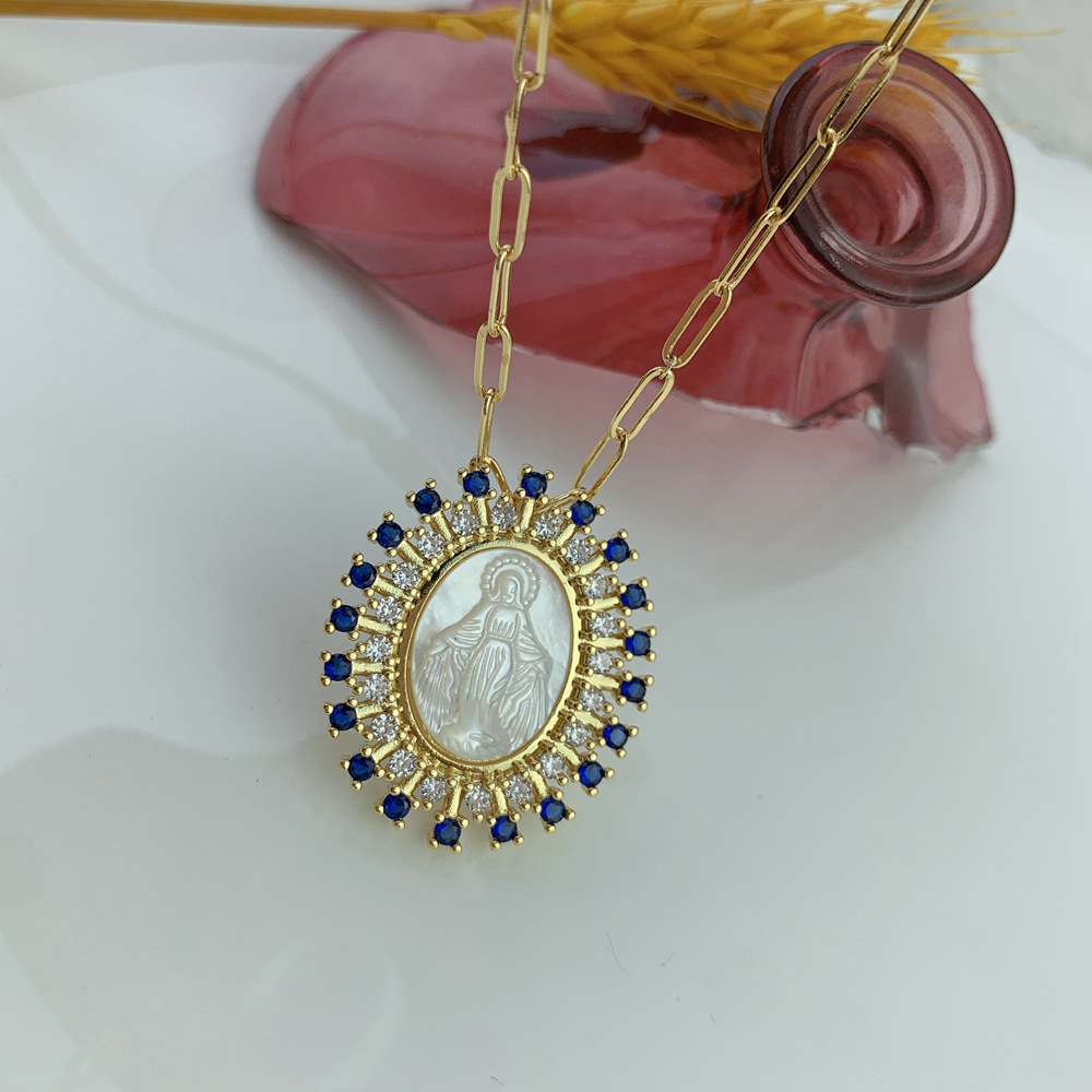 Women's Gender Natural Fritillary Copper Plating Human Virgin Mary Zircon Pendant Necklace