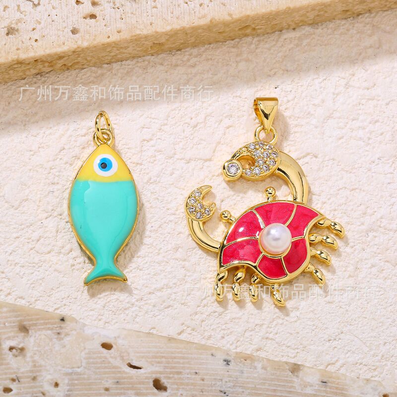 Gold-Plated Enamel 3D Crayfish and Fish Pendant Charm DIY Handmade Jewelry White Copper Accessories Animal Pendant