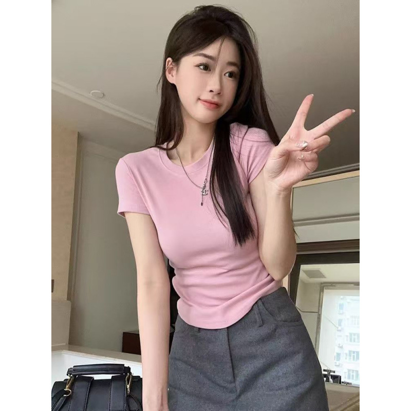 韩系正肩修身短袖T恤女2025夏季掐腰短款纯色女装ins上衣时尚百搭|undefined