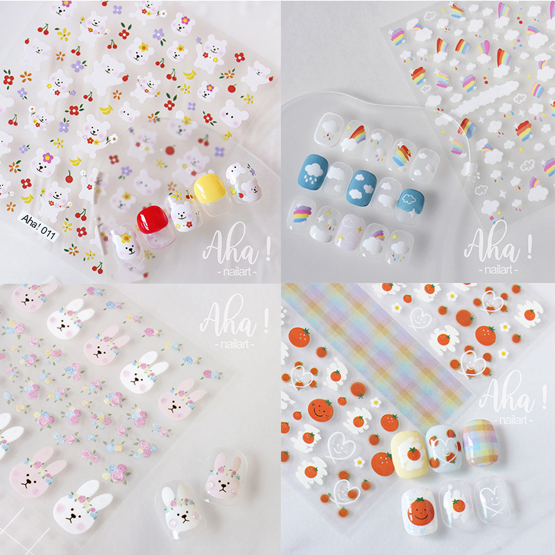 Nail Stickers Cartoon Bear Flowers Fruit Dinosaur Wreath Bunny Plaid Nail Stickers Decoration French Starburst