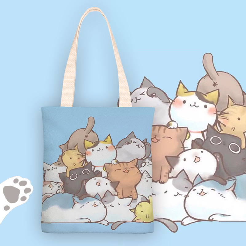 软萌可爱猫咪家族少女单肩帆布包女手绘帆布袋日系学生手提购物袋