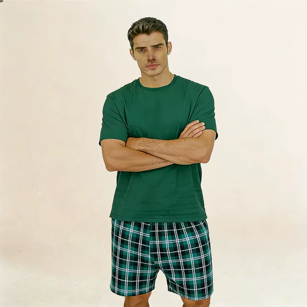 Short-Sleeved Shorts Loungewear Set, Can Be Worn Outside, Solid Color T-Shirt and Plaid Pants, Exclusively for Amazon and Aliexpress