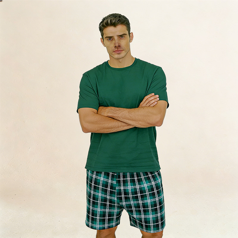 Short-Sleeved Shorts Loungewear Set, Can Be Worn Outside, Solid Color T-Shirt and Plaid Pants, Exclusively for Amazon and Aliexpress