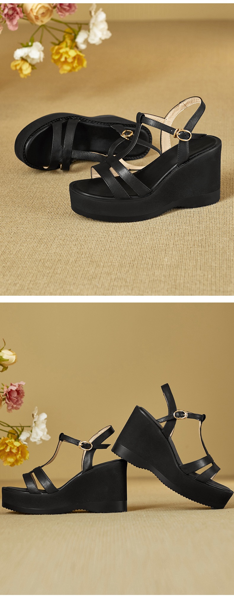 Sandal cao gót nữ mũi hở đế xuồng da bò, quai chữ T đơn giản, gót 9 cm — đen chi tiết 10