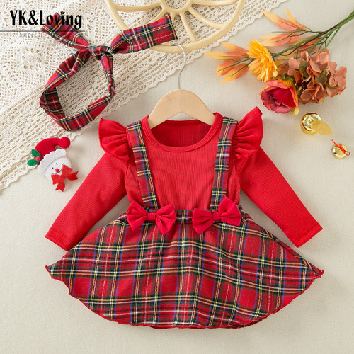 Newborn Baby Christmas Clothes, Infant Bodysuit with Padded Bottom, Long Sleeve Two-Piece with Bowknot, Plaid Dress