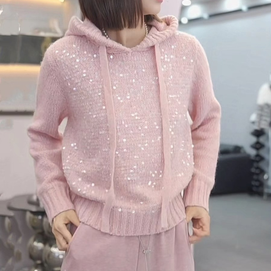 Women's Clothing light luxury sequined hooded sweater autumn and winter high end temperament versatile warm long sleeved knitted sweater women's trend_voghion.com