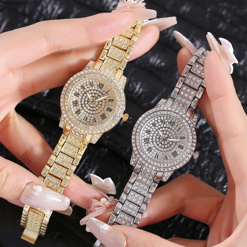 Cross-border baby's breath steel band with diamonds for women's watch full of diamonds rhinestones Roman pattern quartz watch for women