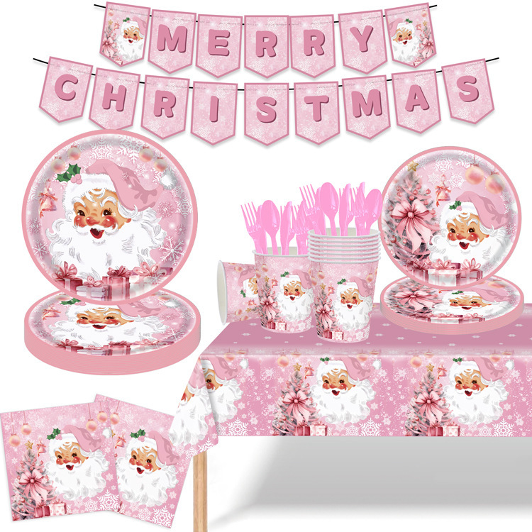 新品冬雪花サンタパーティー装飾使い捨て食器ピンククリスマスペーパートレイ紙コップテーブルクロス|undefined