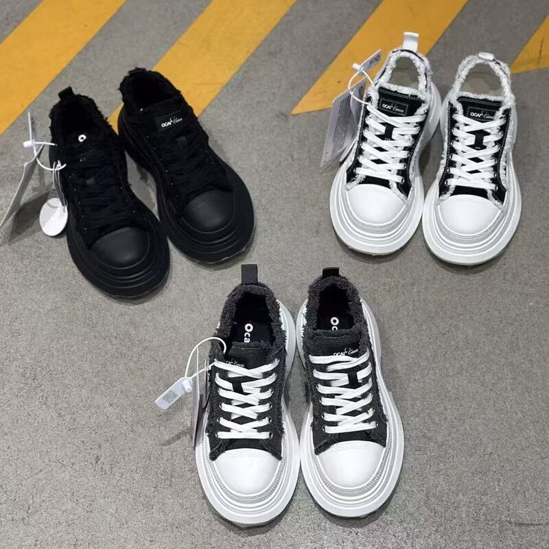 Oc Washed Gray 2025 New Fashion Retro High-End Style Frayed Casual Shoes for Women Thick-Soled Height-Increasing Canvas Shoes