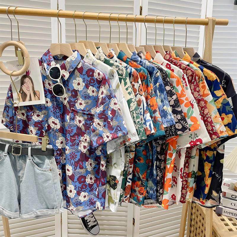 Retro Hong Kong style floral shirts, unisex best friend outfits, 80s/90s nostalgic summer short-sleeved loose tops trendy