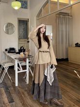 三件套装慵懒风宽松针织衫毛衣不规则格子拼接半身裙女春季时尚