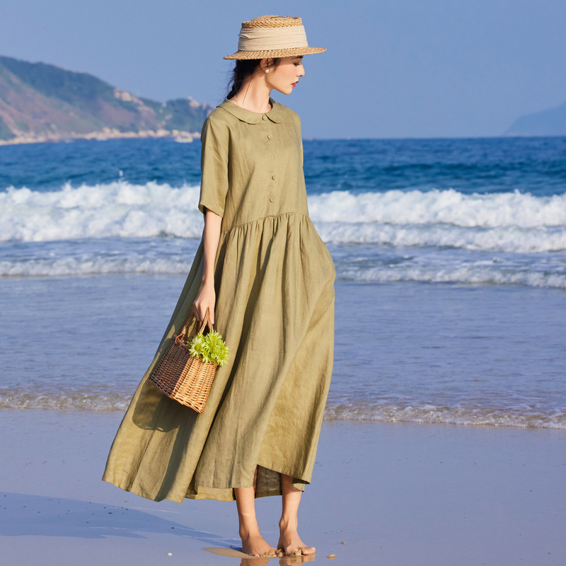 Spring and Summer 2025 Imported Linen Elegant Loose Short-sleeved Doll Collar Mid-sleeved Vintage dress