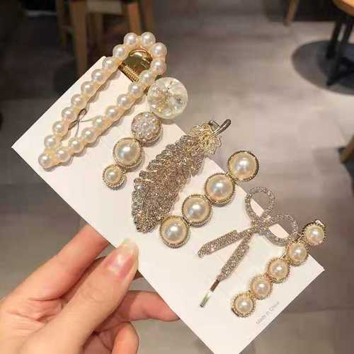 2pack Feather hairpin barrette six piece set hair grab pearl one clip edge clip rhinestone stage performance hairpin hair accessories