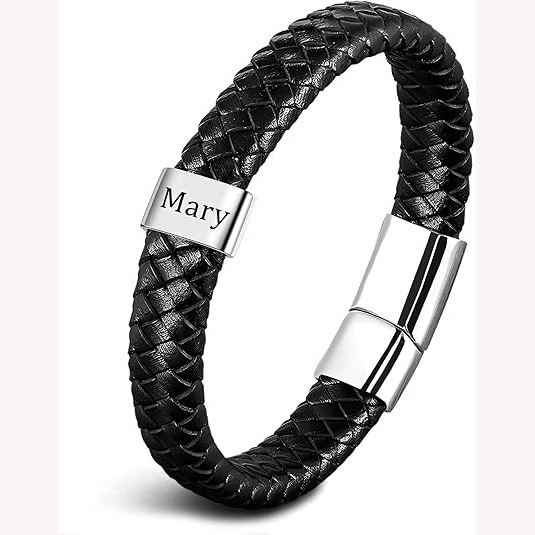 European and American DIY Name Braided Bracelet Laser Engraved Bead Bracelet Stainless Steel Engraved Men's Leather Bracelet