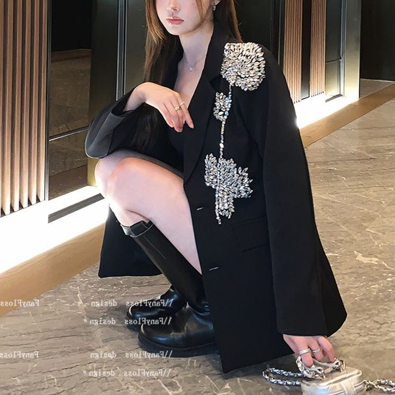 Light Luxury Black Studded Flower Loose Blazer for Women, Spring and Autumn Socialite Sequin Slimming Party Suit Top