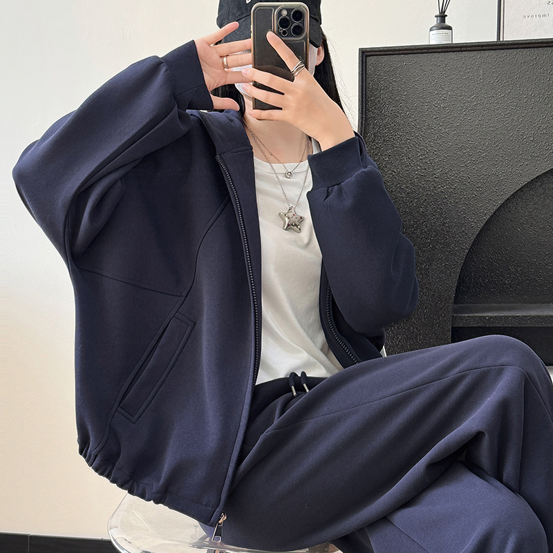 连帽卫衣外套女早秋2025新款秋季韩版宽松百搭女款灰色中长款上衣|undefined