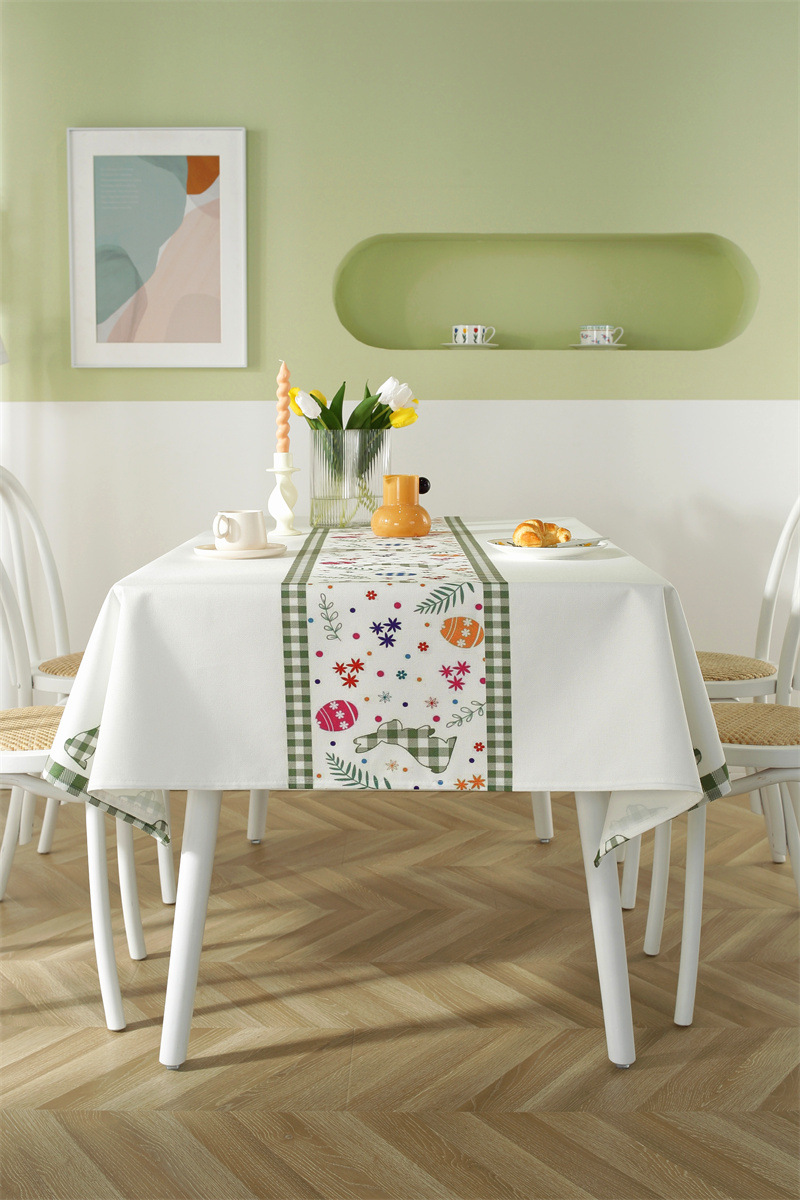 Tovaglia da caffè impermeabile in poliestere con stampa a quadri pasquali, coniglietti e fiori primaverili. Copertura per tavolo da pranzo_voghion.com