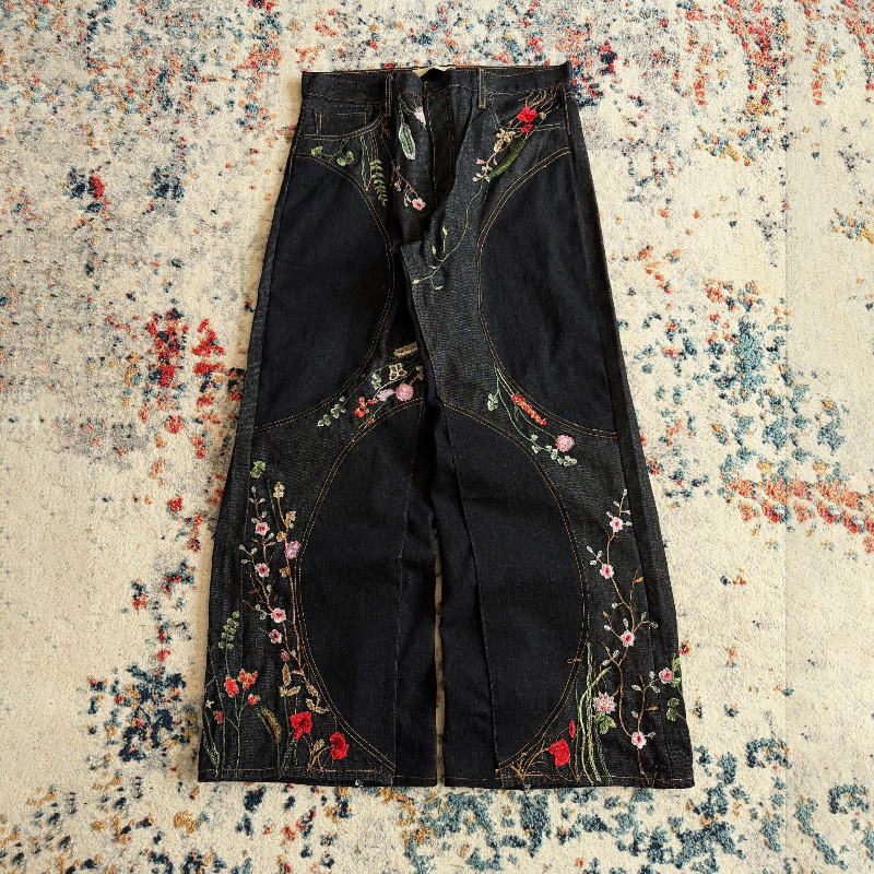 Pantalones largos holgados de estilo Y2K europeo y americano, con diseño de patchwork, bordado floral, para hombre y mujer, pantalones largos hasta el suelo, a la moda.