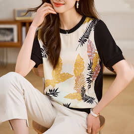 实拍跨境短袖2025年夏季新款显瘦高端乱麻印花气质拼接半袖T恤女