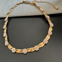 中古风黄铜拉丝质感小花朵项链缎带几何项链颈链女