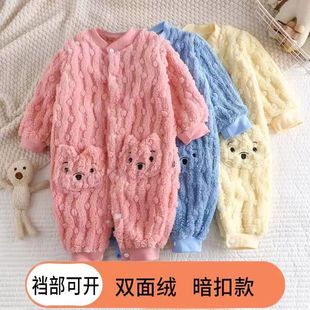 New children's jumpsuit fleece-lined baby pajamas home wear autumn and winter sleeping bag snap button 0 to 3 years old outdoor nightgown
