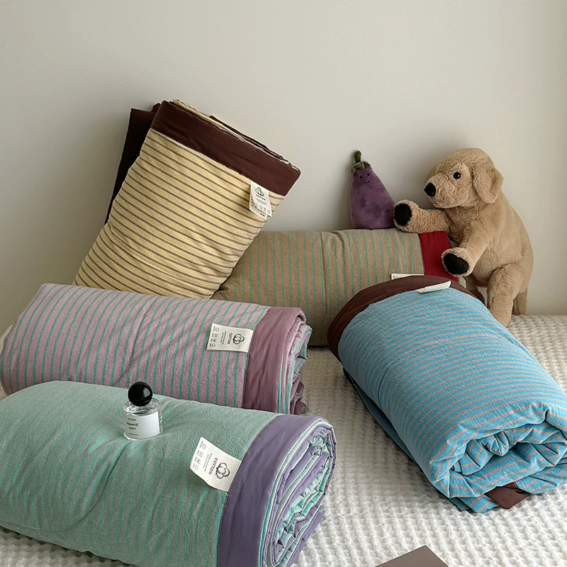 Скандинавский стиль, чистый хлопок, окрашенный в пряже, стираное хлопковое летнее одеяло, одеяло с кондиционером, летнее одеяло в полоску, однотонное одеяло, комплект из четырех предметов, одиночный