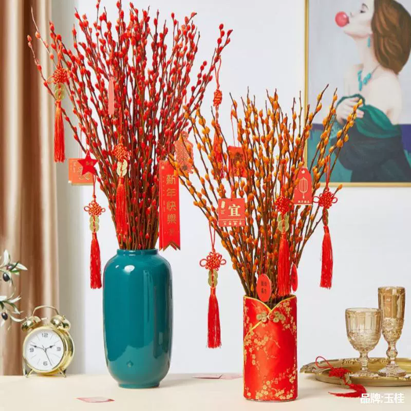 Новогодние цветы, красные, серебряные, свежие ветки ивы, цветы, сухоцветы, украшения интерьера гостиной, гидропонные растения, подарки на открытие, цветочные композиции