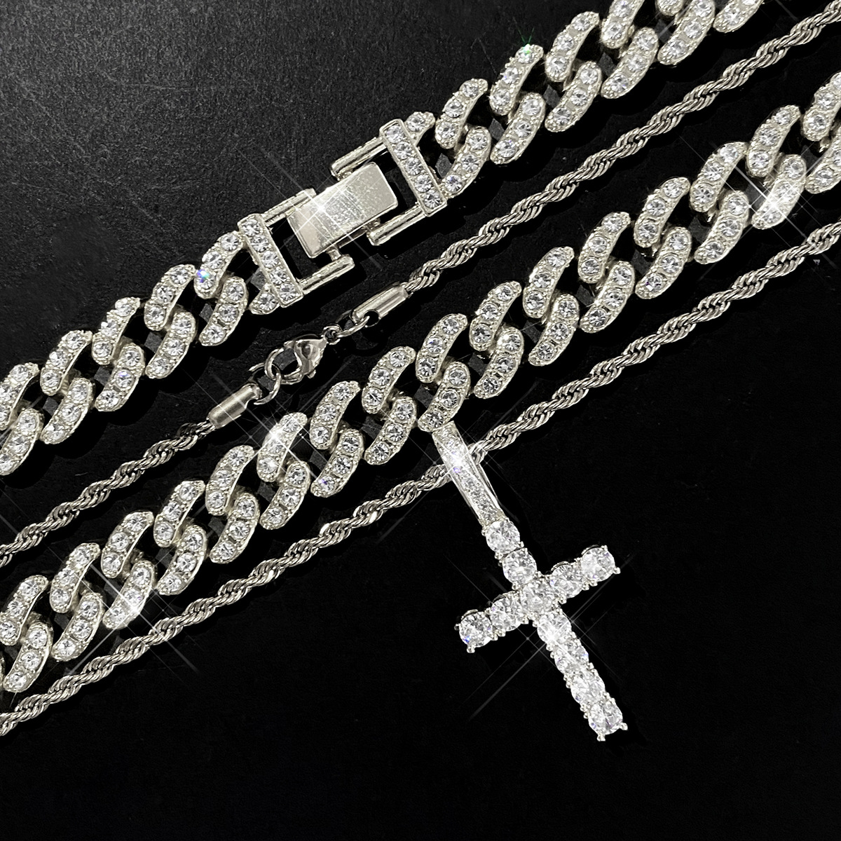 1 Set Quantity Hip-Hop Cross Zinc Alloy Plating Inlay Rhinestones Unisex Pendant Necklace Necklace Men Layered Necklaces