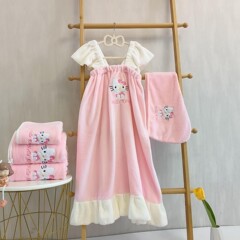 ピンク KT 猫サスペンダーバスタオルコーラルベルベットウェアラブルチューブトップ吸収性糸くずの出ない大きなタオルプリンセススタイルバスローブ