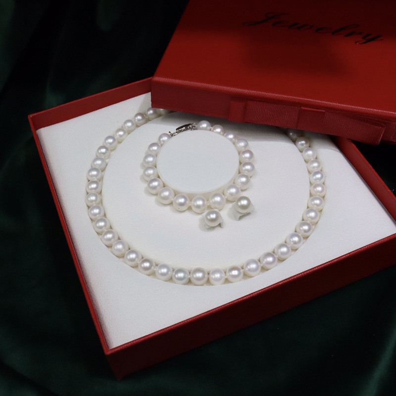 094 Natural Freshwater Pearl Necklace suit Women's 8-9mm Slight Skin and Good Three-Piece Set for Mother and Mother-in-Law