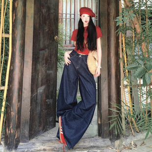 High-waisted loose wide-leg dark blue 175 season tall jeans for women summer drape floor-length pants retro extra long 180