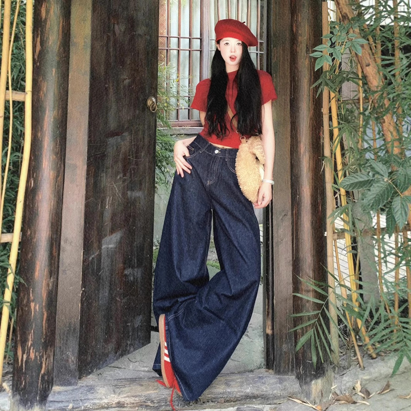 High-Waisted Loose Wide-Leg Dark Blue 175 Season Tall Women's Jeans Summer Drape Floor-Length Retro Extra-Long 180