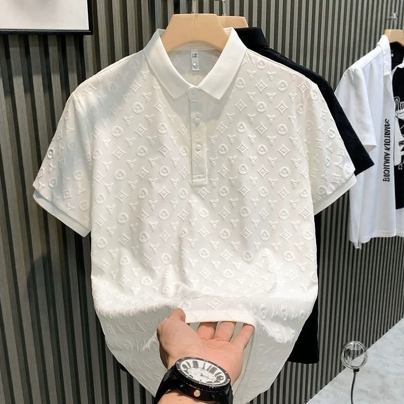 European Trendy Brand Popular Polo Shirt Short-Sleeved Men's Versatile Summer New Casual Lapel Business Jacquard Solid Color T-Shirt European Trendy Brand Popular Polo Shirt Short-Sleeved Men's Versatile Summer New Casual Lapel Business Jacquard Solid Color T-Shirt