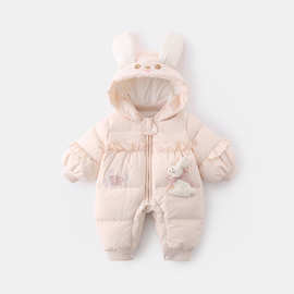 新款冬季女宝宝羽绒连体衣可爱婴儿保暖夹棉加厚连帽羽绒服女批发