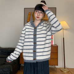韩式条纹连帽橄榄扣毛衣开衫女秋冬慵懒风宽松撞色针织衫上衣外套