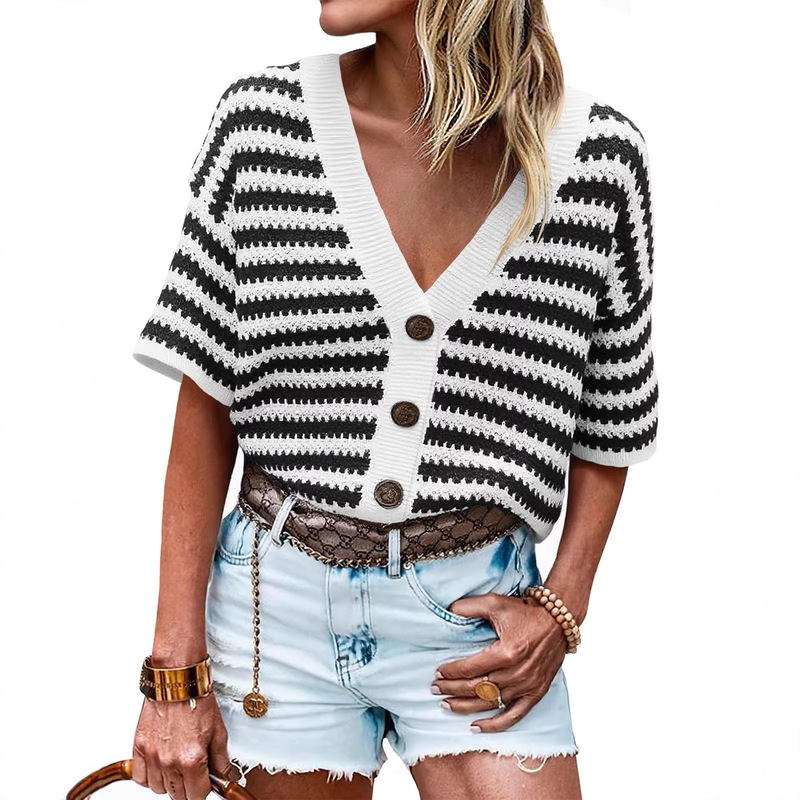 2026 Cross-Border Hollow-Out Knit Cardigan Short-Sleeve Striped Cardigan Sweater Nanyou Foreign Trade Original High-End Women's Fashion 2026 Cross-Border Hollow-Out Knit Cardigan Short-Sleeve Striped Cardigan Sweater Nanyou Foreign Trade Original High-End Women's Fashion