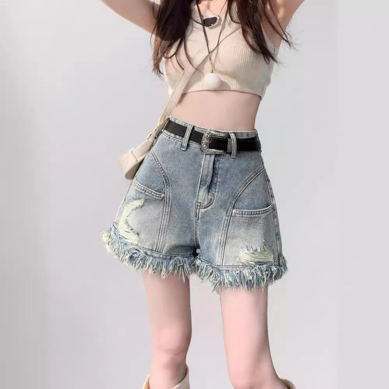 American-style Retro Hot Girl's Hole-ripped Tassel Denim Shorts Women's Summer Xiaozhong Design High Waist A- line Hot Pants American-style Retro Hot Girl's Hole-ripped Tassel Denim Shorts Women's Summer Xiaozhong Design High Waist A- line Hot Pants